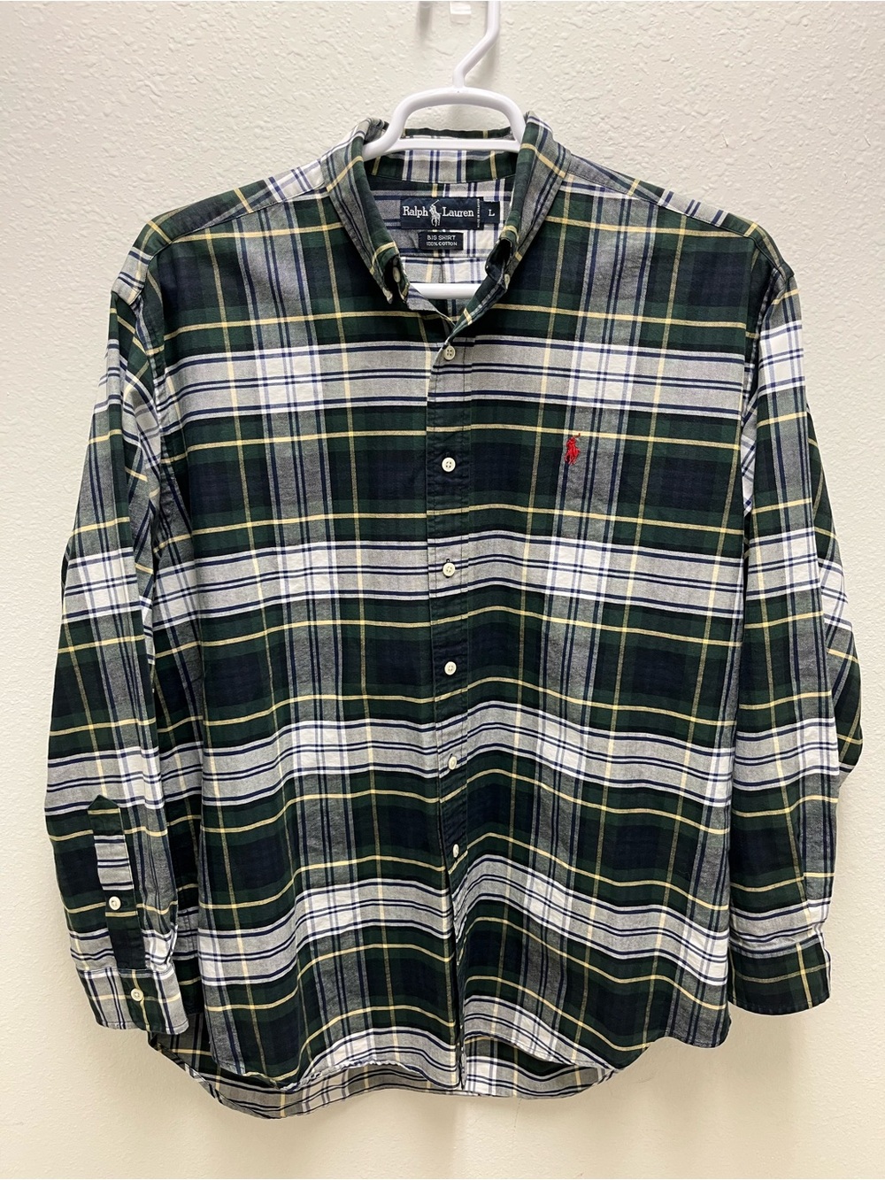 Ralph Lauren Men's Big Shirt Size L Green Navy Plaid Cotton Long Sleeve ButtonUp